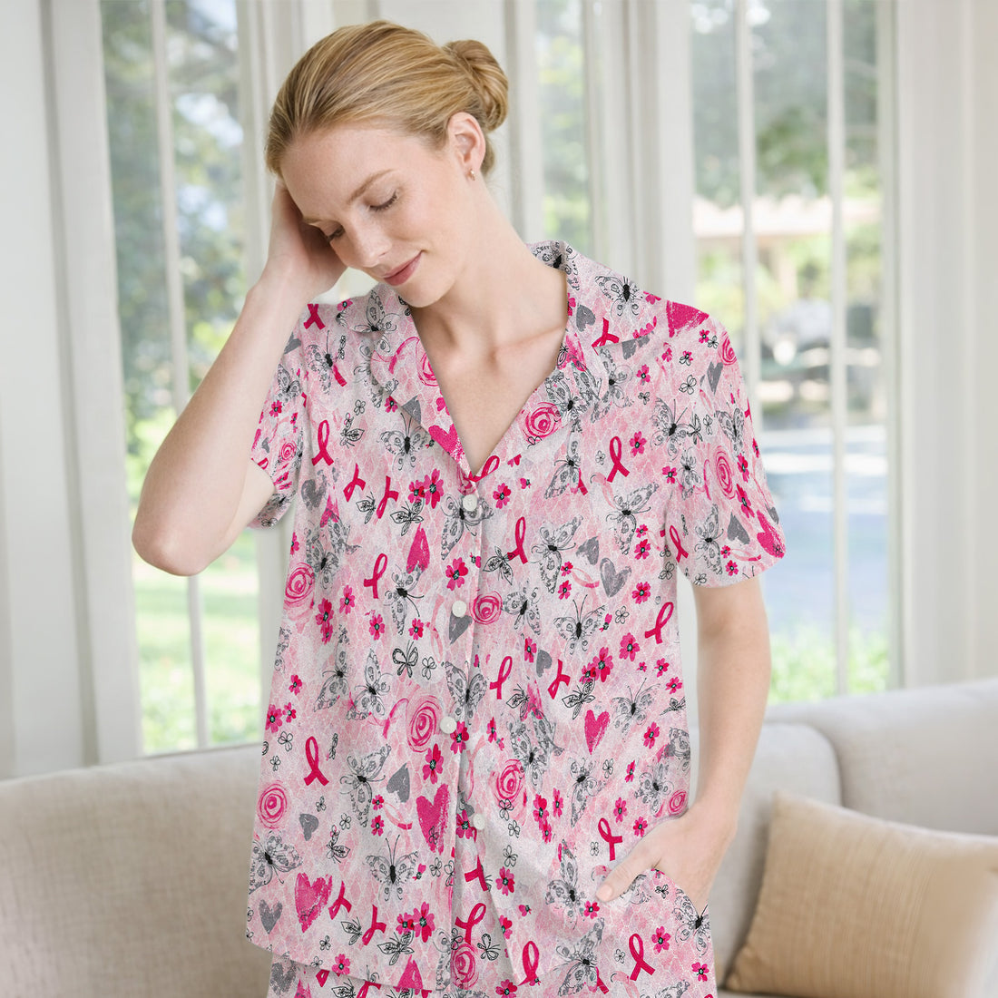 Breast Cancer Awareness Butterfly Floral Pajama Set, Soft Breathable Fabric Comfortable Sleepwear