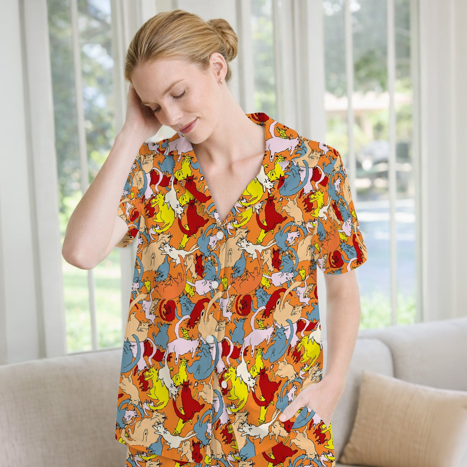 Colorful Cat Chaos Illustration Pattern Pajama Set, Soft Breathable Fabric Comfortable Sleepwear