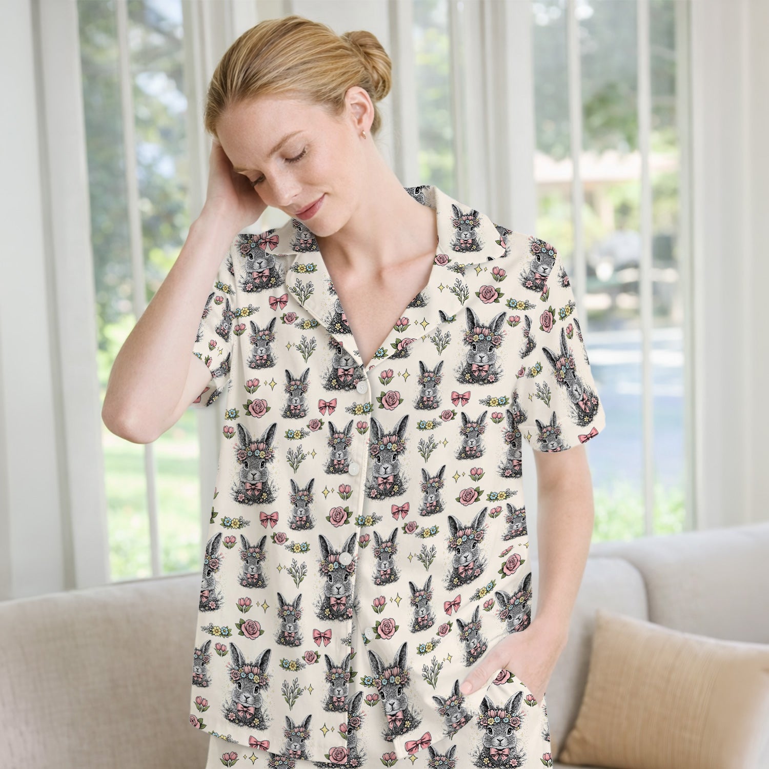 Easter Vintage Floral Bunny Print Pajama Set, Breathable Fabrics Uniform