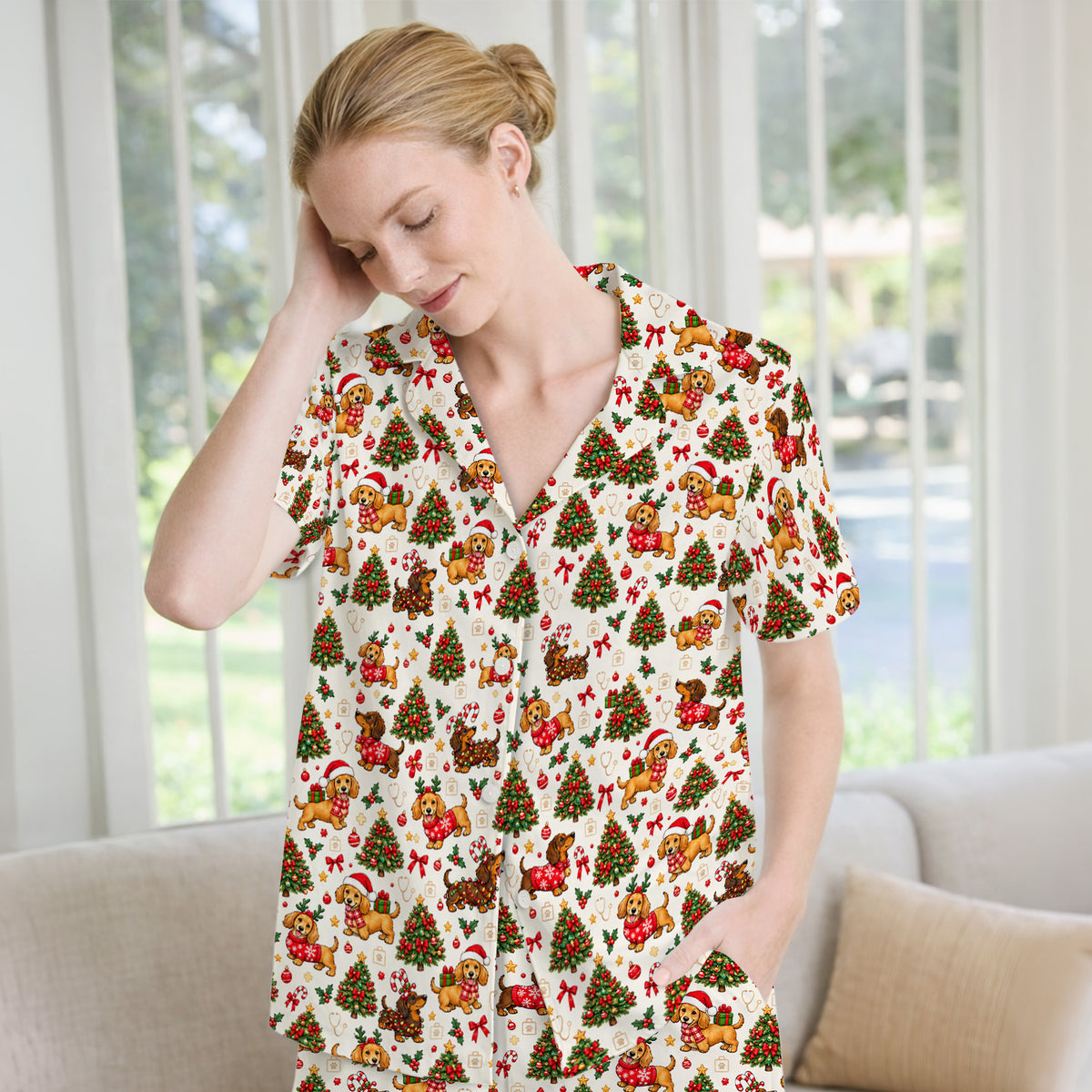 Cute Christmas Dachshund And Tree Pattern Pajama Set, Soft Breathable Fabric Comfortable Sleepwear