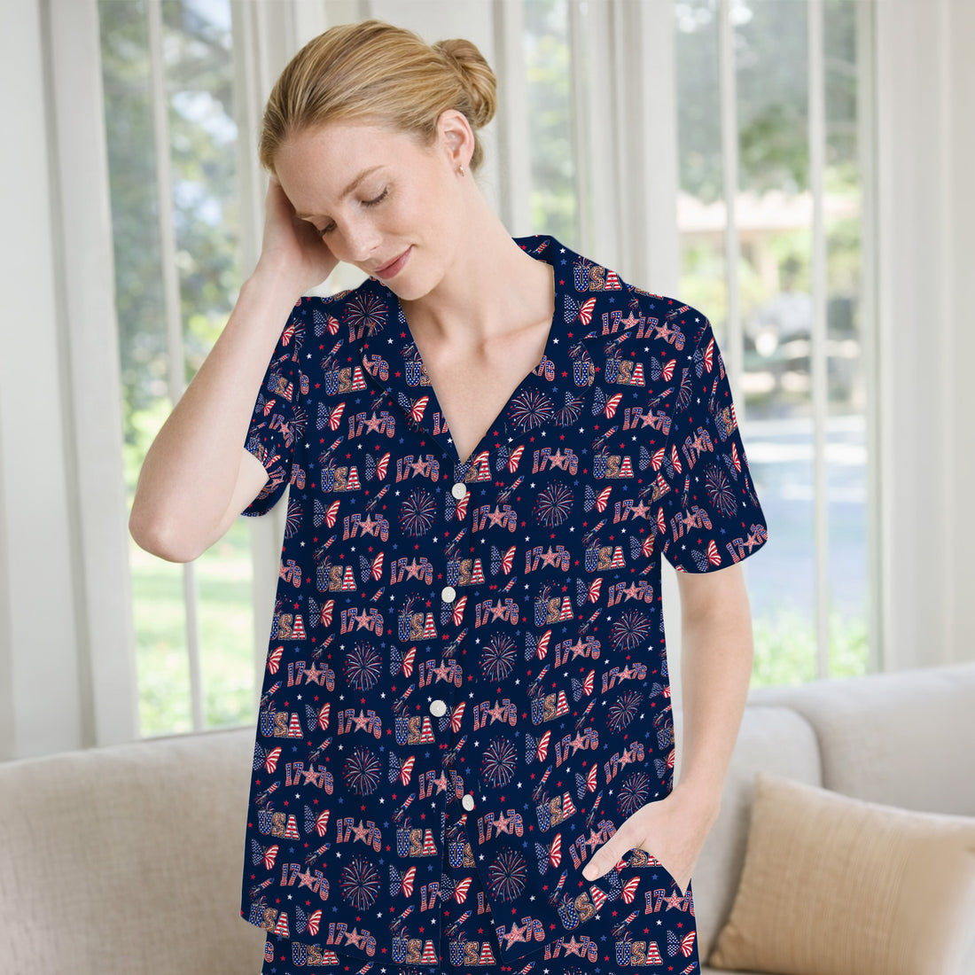 USA Fireworks Butterfly Pattern Pajama Set, Soft Breathable Fabric Comfortable Sleepwear