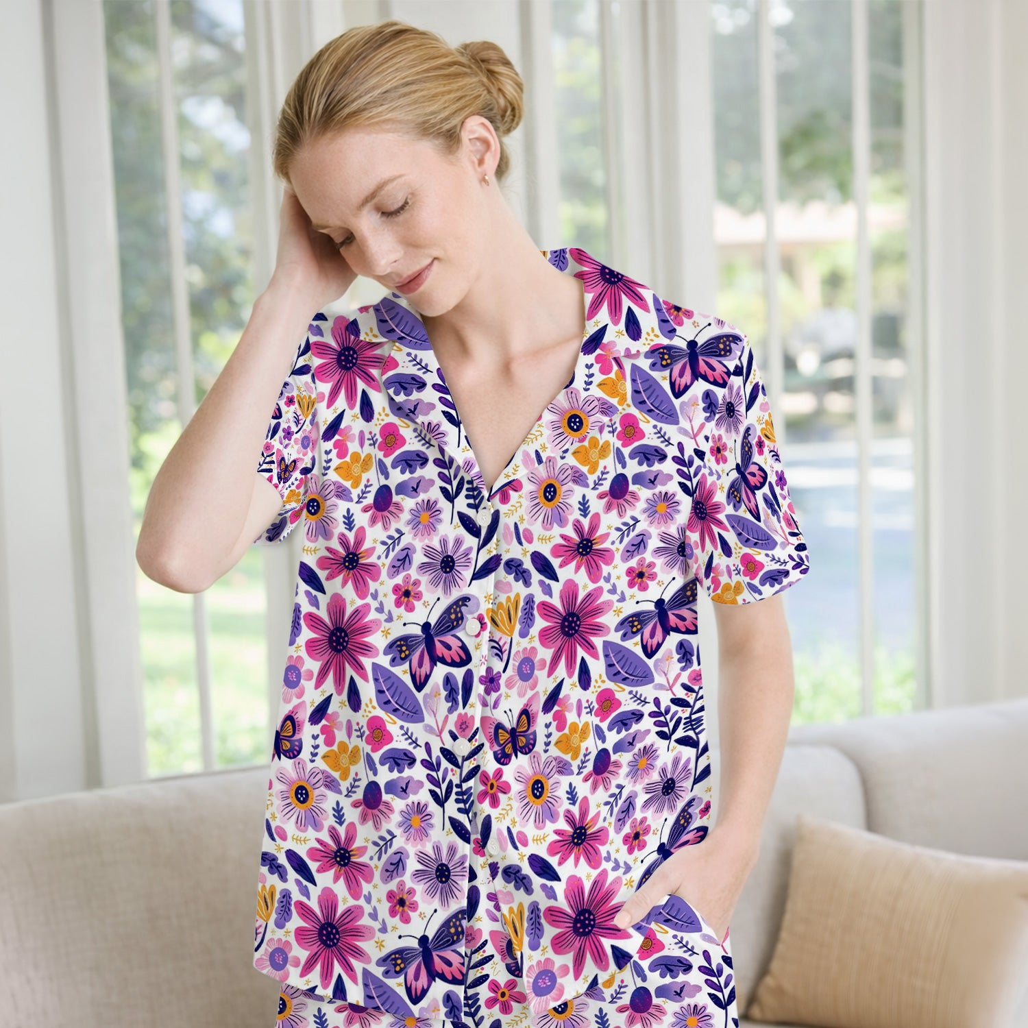 Cute Butterfly Wildflower Garden Pattern Pajama Set, Soft Breathable Fabric Comfortable Sleepwear