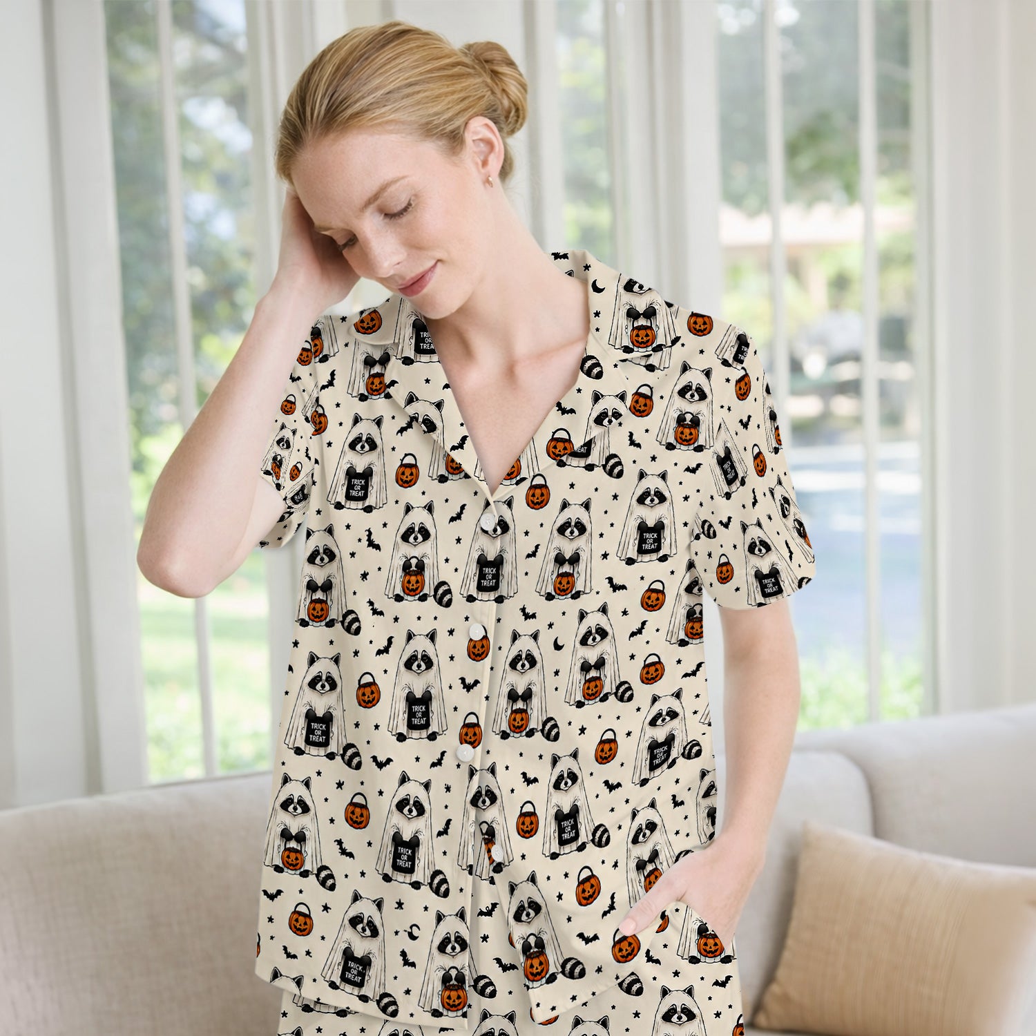 Cute Halloween Ghost Raccoon Pajama Set, Soft Breathable Fabric Comfortable Sleepwear