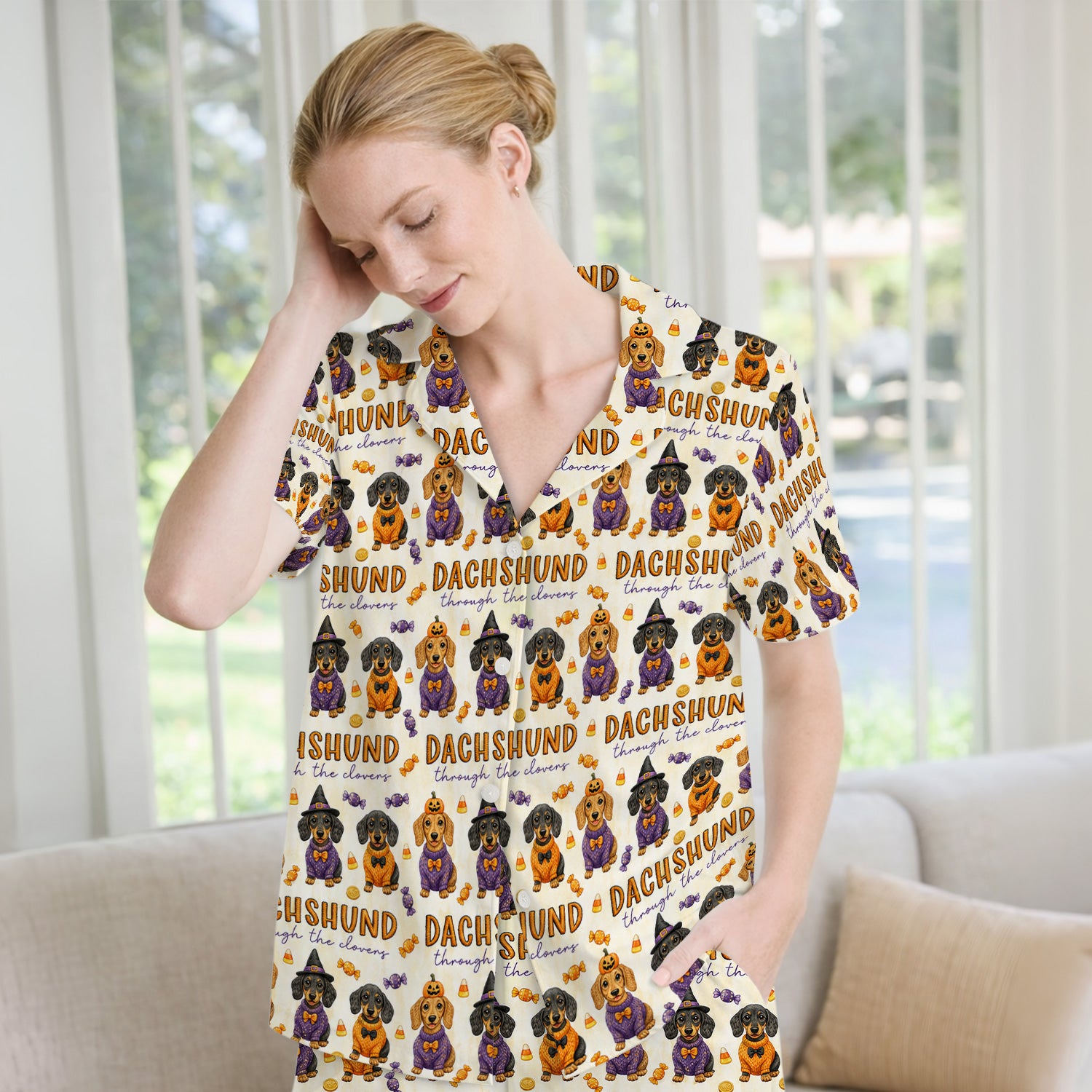 Candy Dachshund Pattern Pajama Set, Soft Breathable Fabric Comfortable Sleepwear