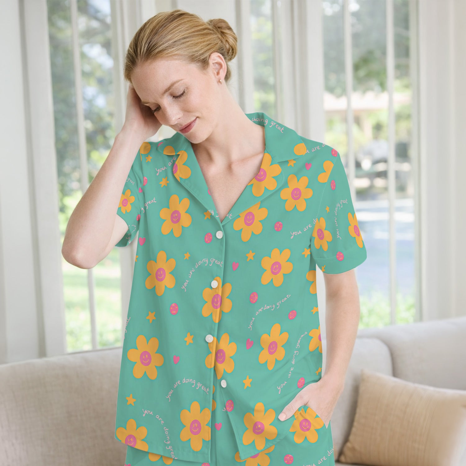 Cheerful Smiley Flower Pattern, Positive Medical Pajama Set, Soft Breathable Fabric Comfortable Sleepwear