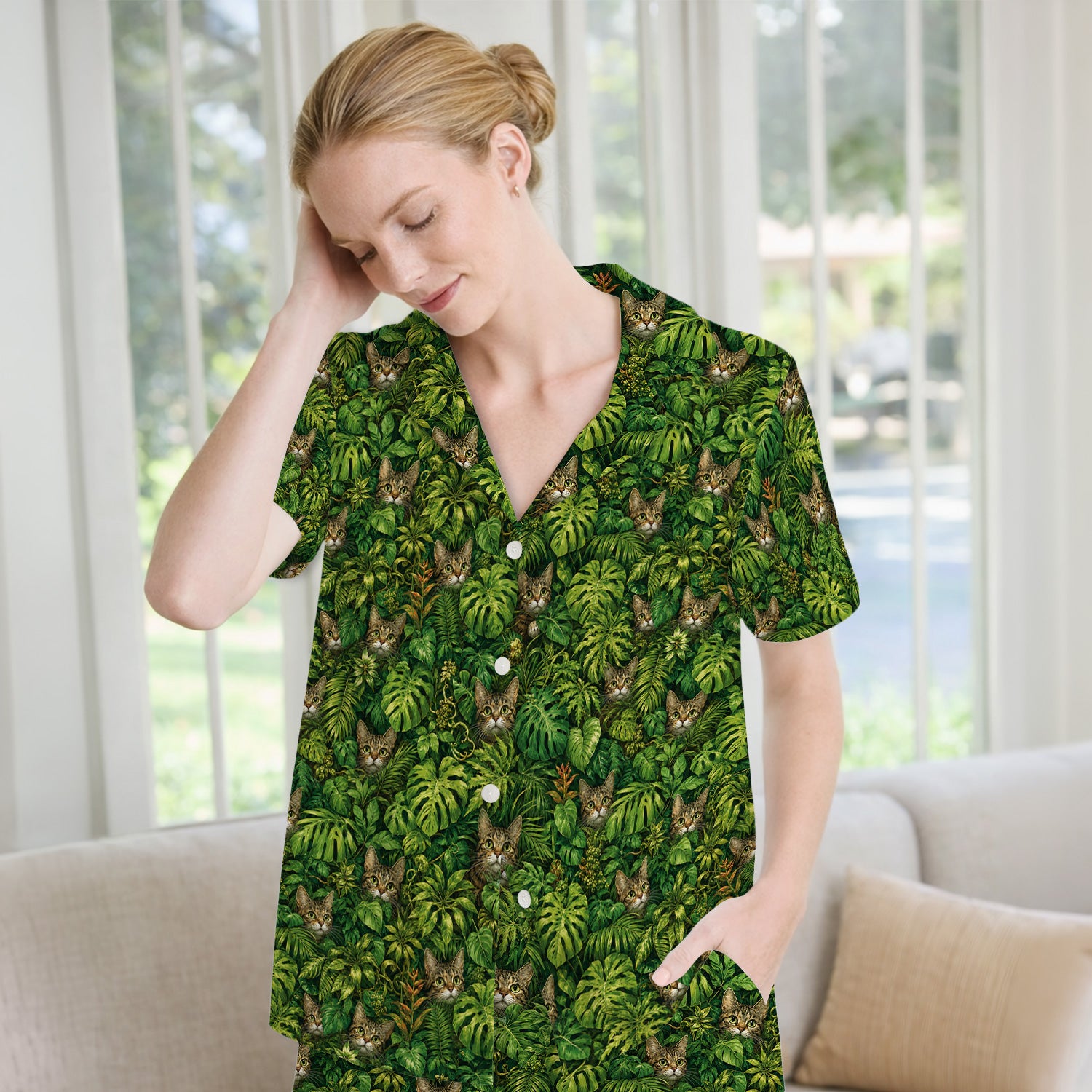 Hidden Jungle Cat Veterinary Nurse Pattern Pajama Set, Soft Breathable Fabric Comfortable Sleepwear