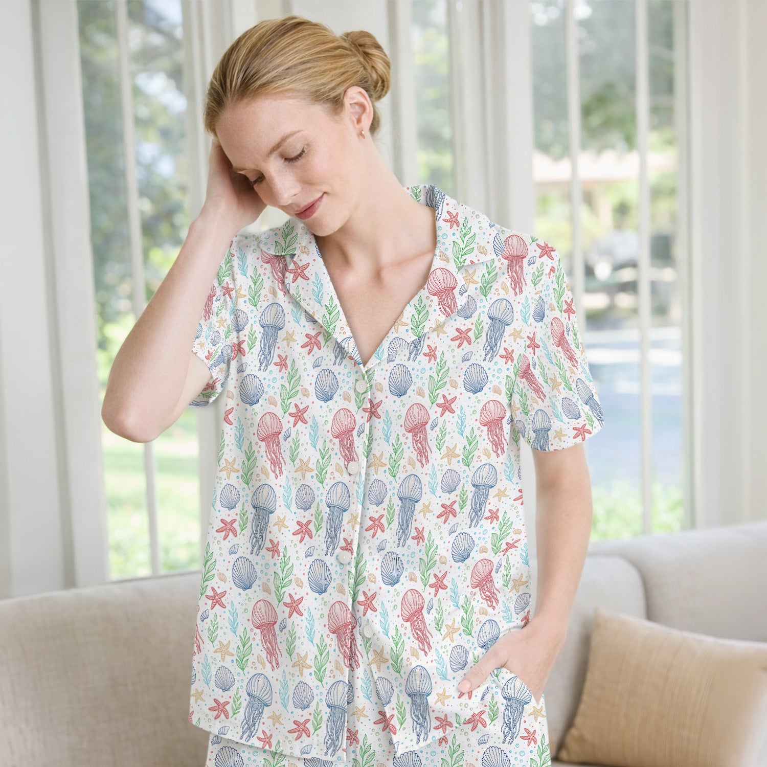 Cute Jellyfish Ocean World Pattern Pajama Set, Soft Breathable Fabric Comfortable Sleepwear