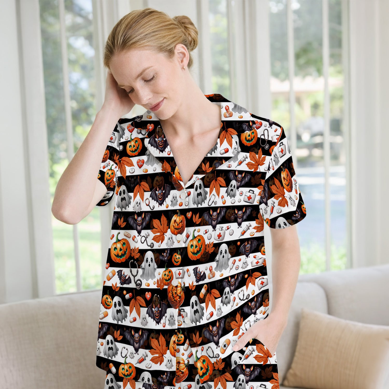 Halloween Ghost And Medical Icons Pajama Set, Soft Breathable Fabric Comfortable Sleepwear
