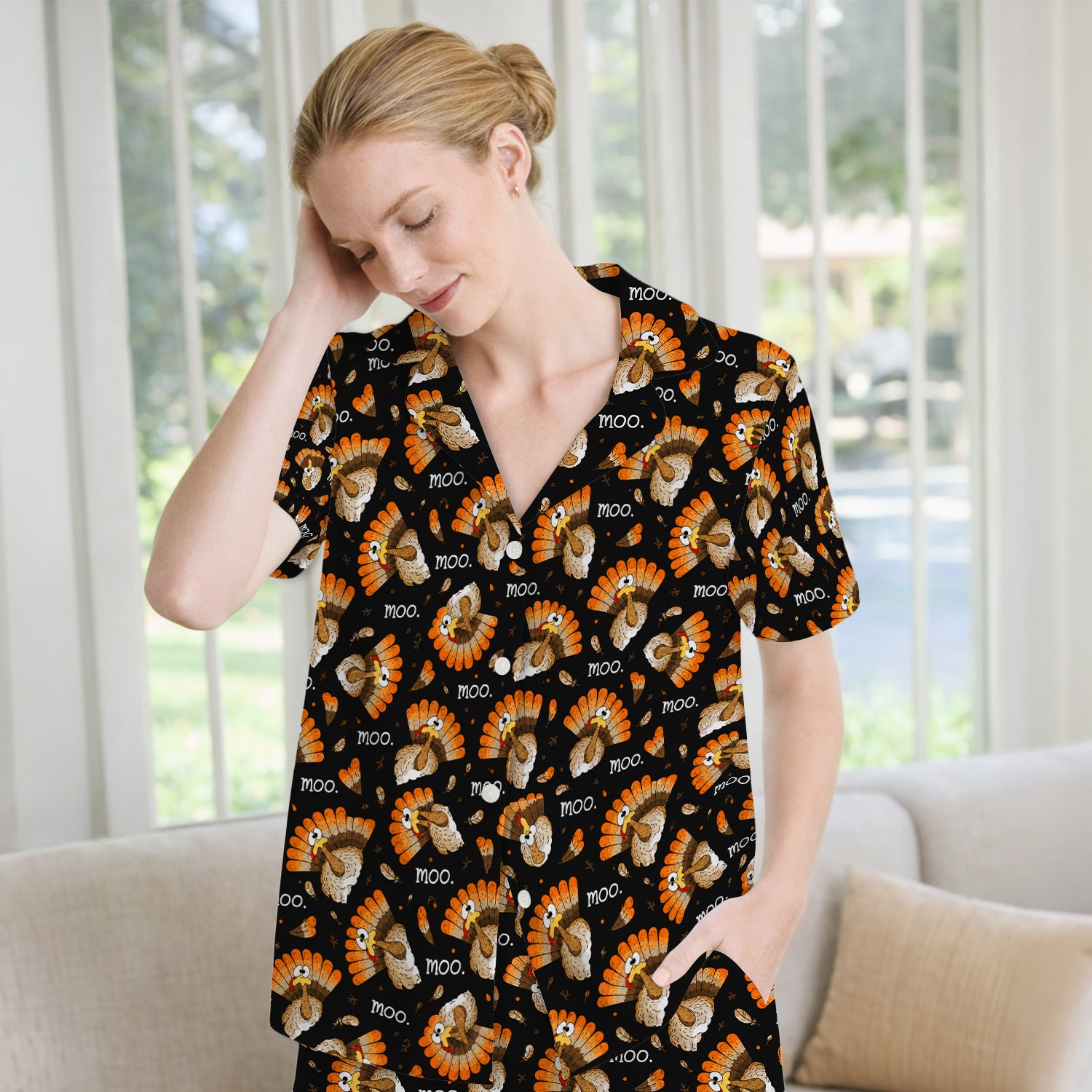 Funny Thanksgiving Moo Turkey Pajama Set, Soft Breathable Fabric Comfortable Sleepwear