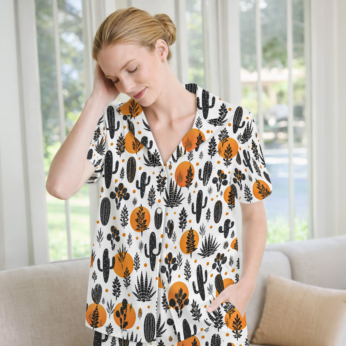 Desert Cactus Orange Sun Pattern Pajama Set, Soft Breathable Fabric Comfortable Sleepwear