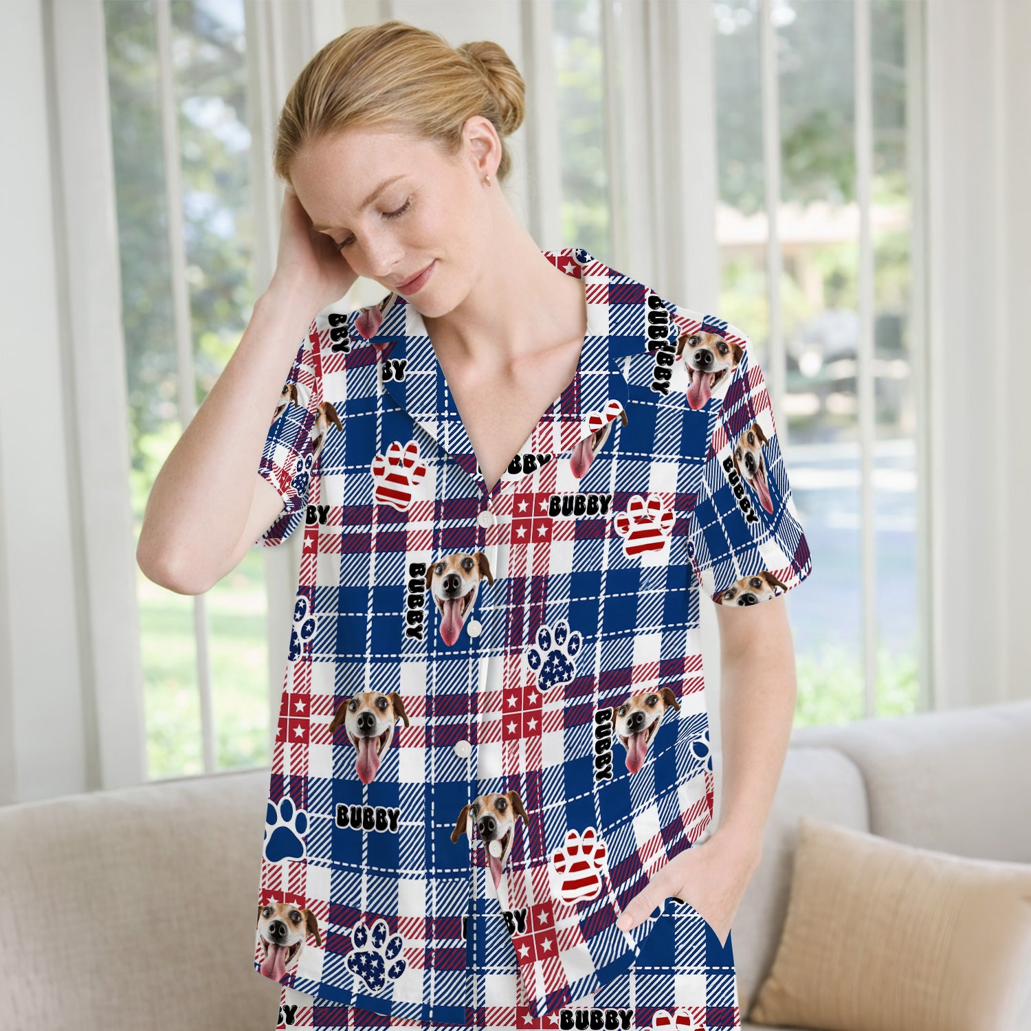 Custom Dog Face Pajama Set, Patriotic Dog Plaid Pattern, Soft Breathable Fabric Comfortable Sleepwear