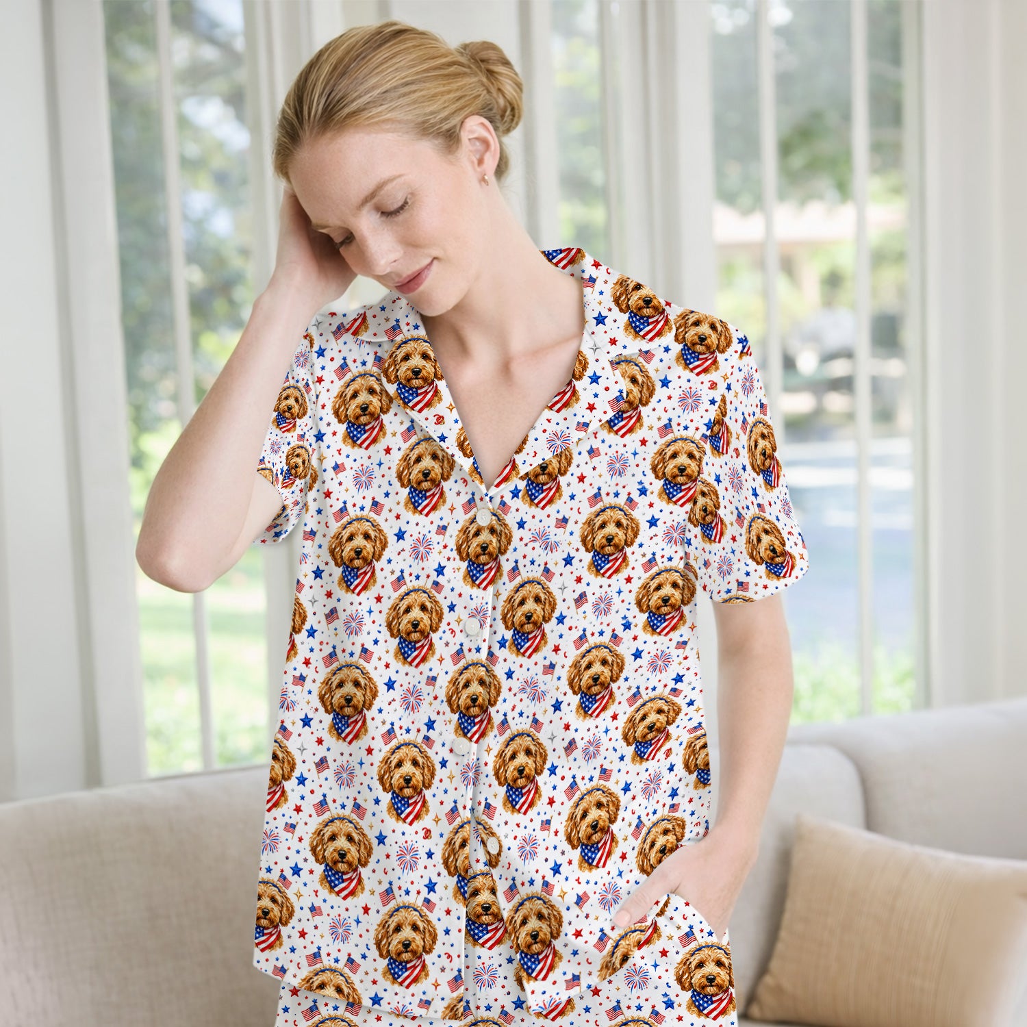 Patriotic Goldendoodle Nurse Pattern Pajama Set, Soft Breathable Fabric Comfortable Sleepwear