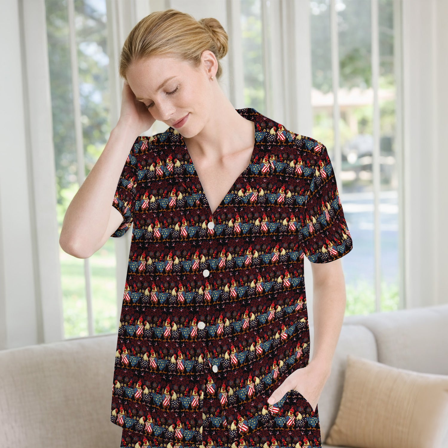 Patriotic Rooster Fireworks Pattern Pajama Set, Breathable Fabrics Uniform
