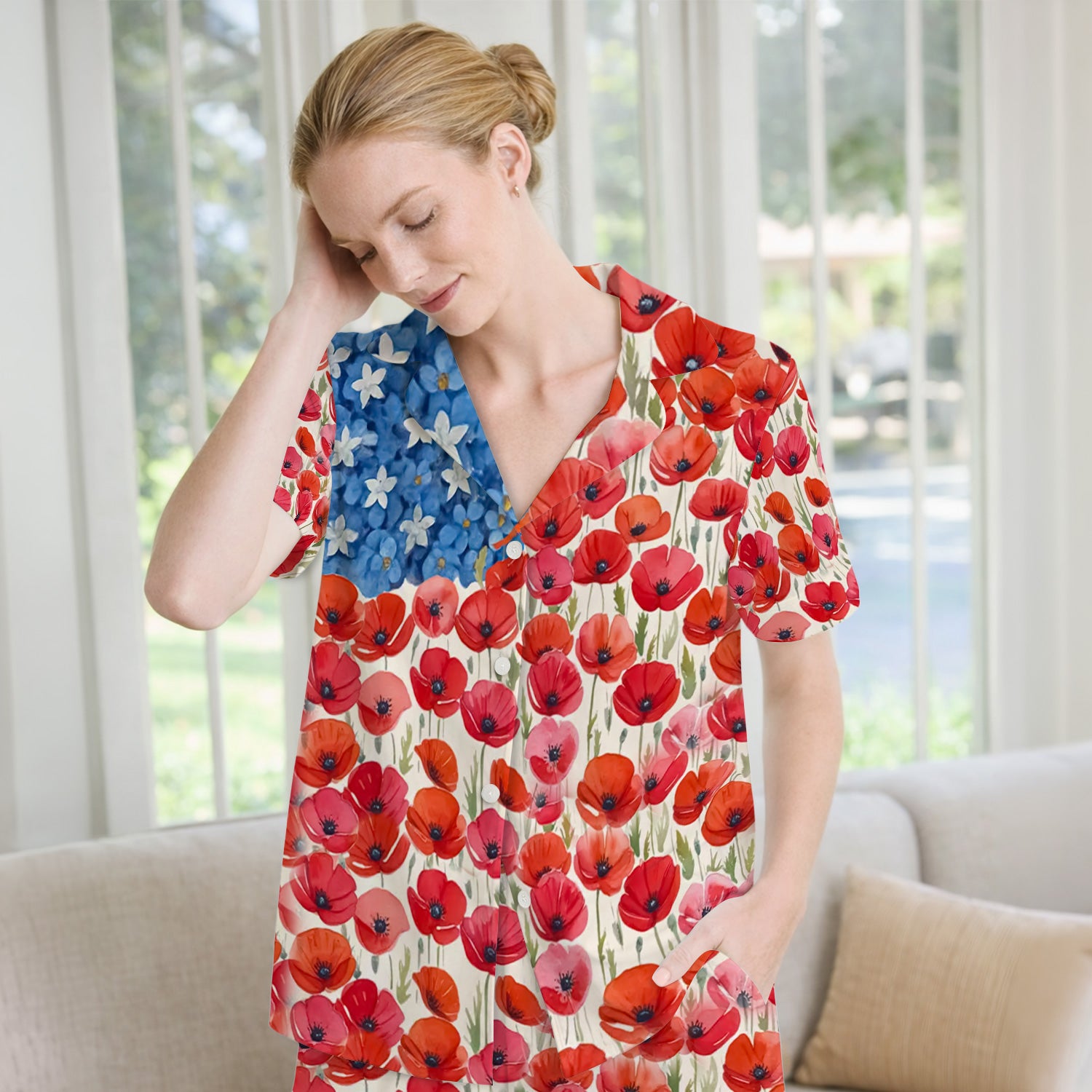 Memorial Day Nurse Poppy American Flag Pajama Set, Soft Breathable Fabric Comfortable Sleepwear