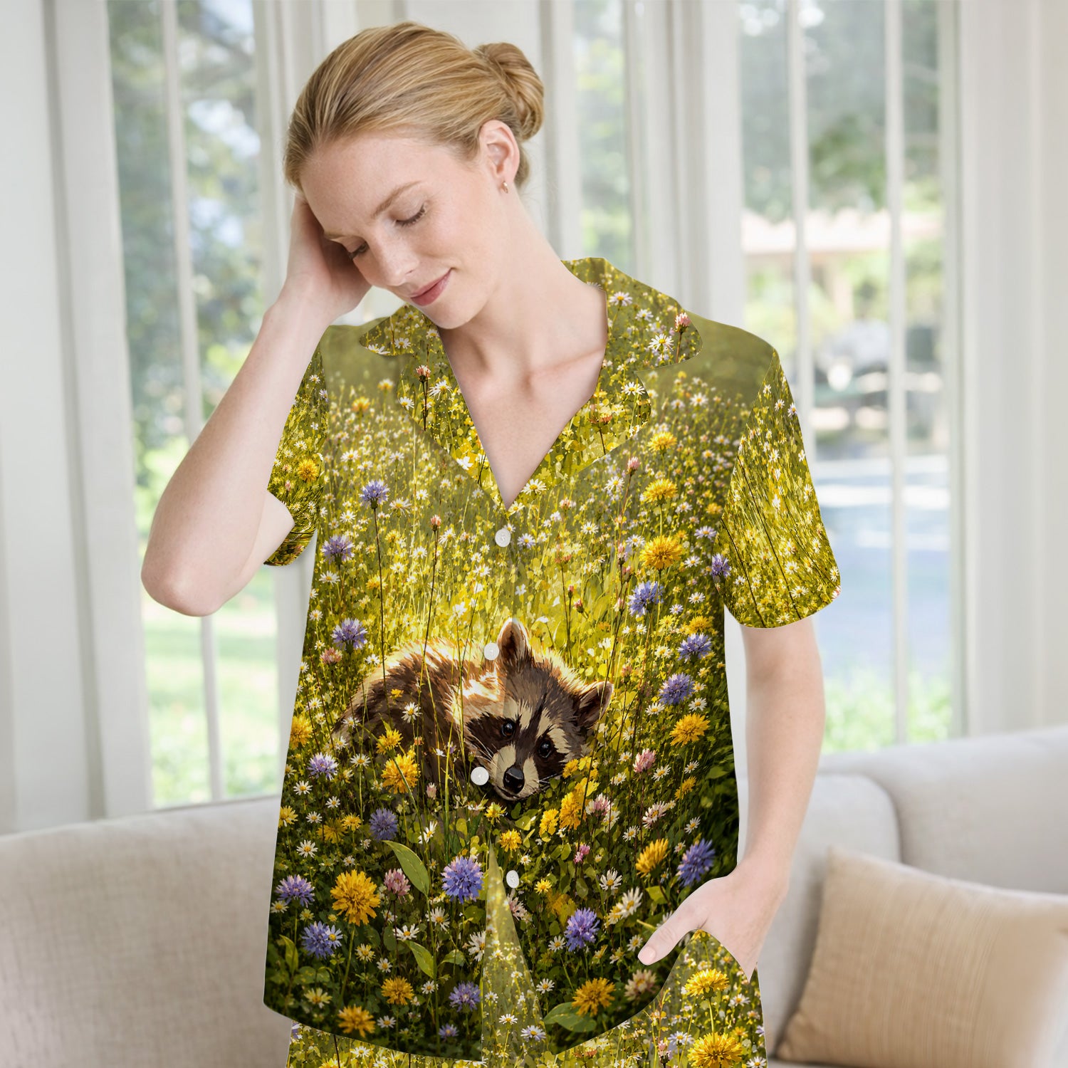 Meadow Raccoon Wildflower Garden Pattern Pajama Set, Soft Breathable Fabric Comfortable Sleepwear