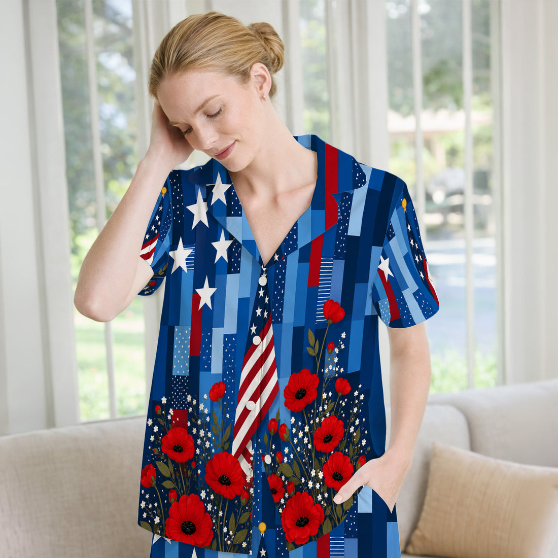 Patriotic Nurse Flag Poppy Pattern Pajama Set, Soft Breathable Fabric Comfortable Sleepwear