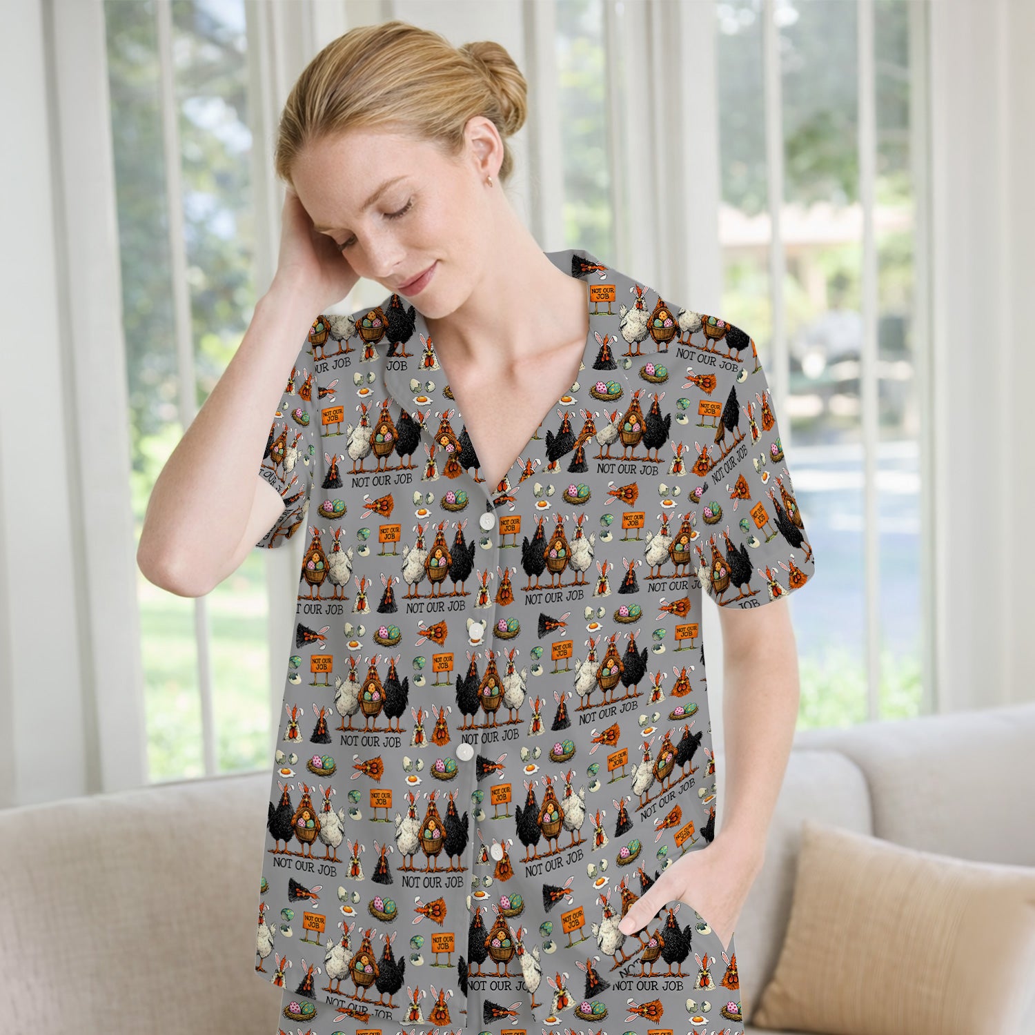 Funny Easter Chicken Humor Pattern Pajama Set, Breathable Fabrics Uniform