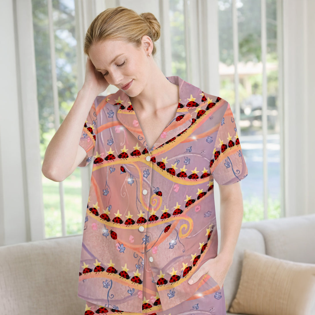 Cute Ladybug Star Vine Swirl Pattern Pajama Set, Soft Breathable Fabric Comfortable Sleepwear