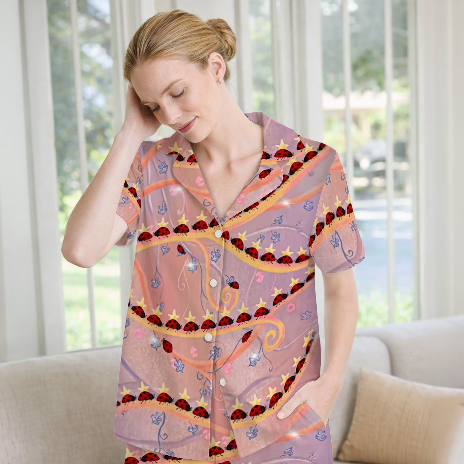 Cute Ladybug Star Vine Swirl Pattern Pajama Set, Soft Breathable Fabric Comfortable Sleepwear
