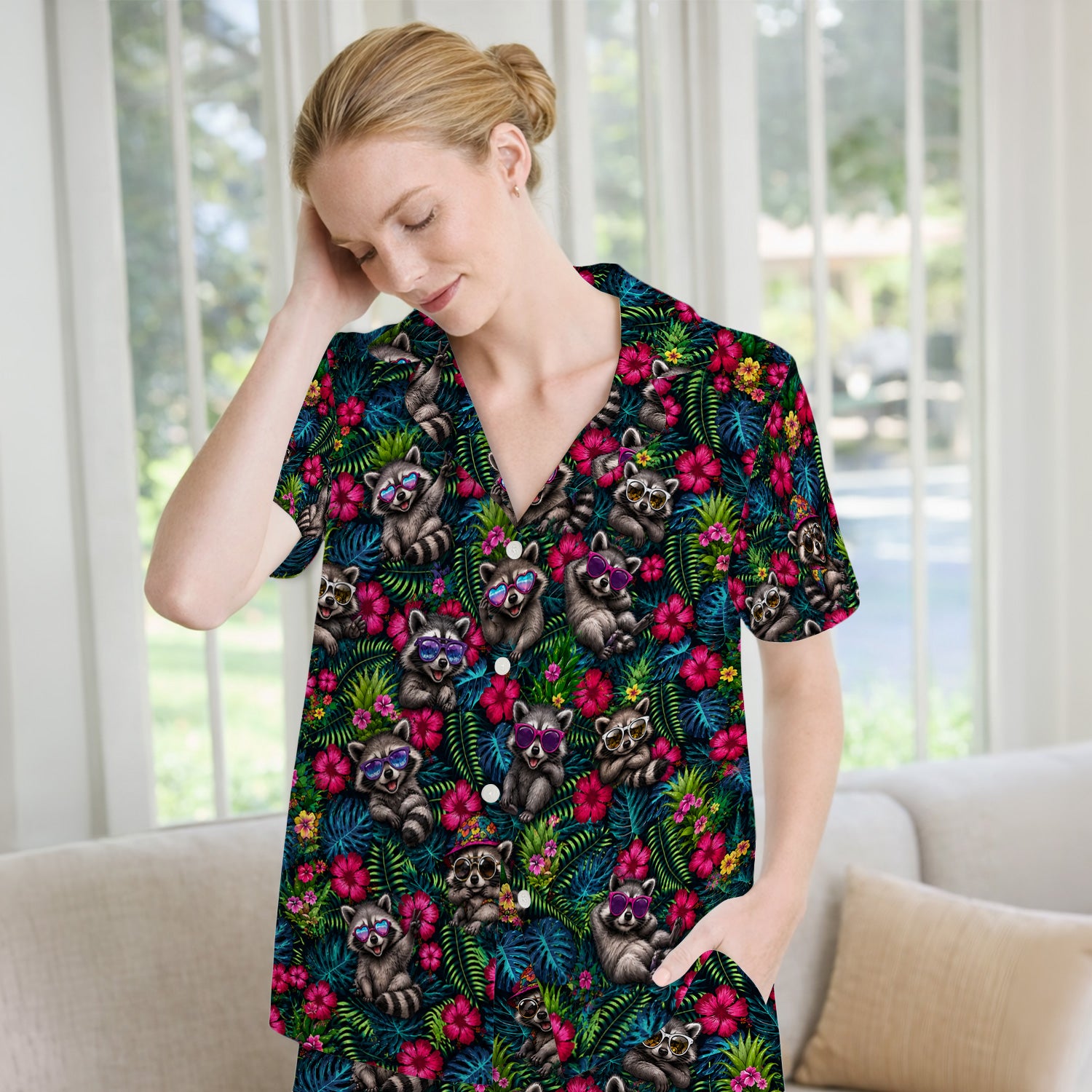 Tropical Raccoon Nurse Floral Pattern Pajama Set, Soft Breathable Fabric Comfortable Sleepwear