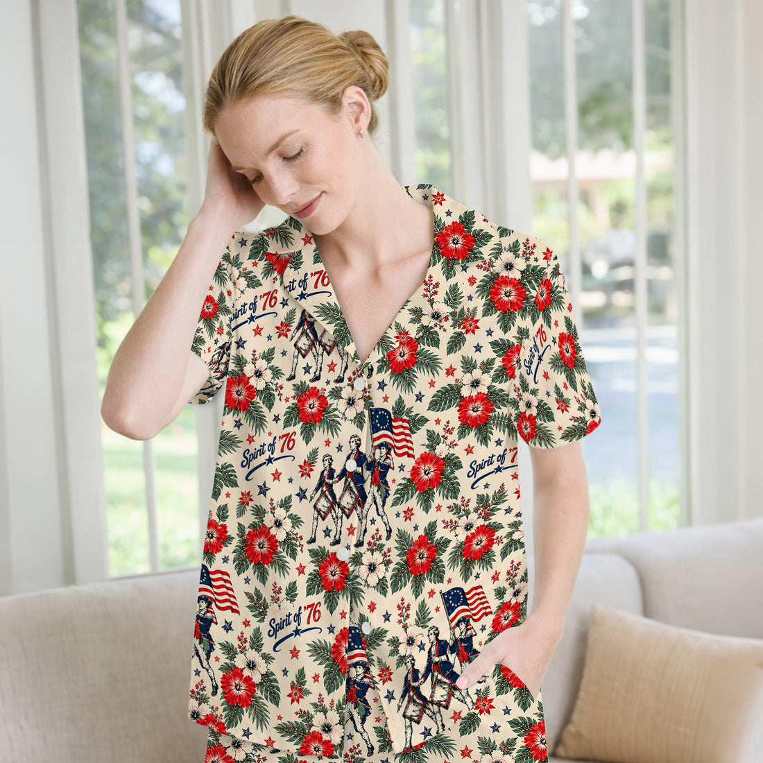 Vintage 1776 Patriot with Floral Flag Pajama Set, Soft Breathable Fabric Comfortable Sleepwear