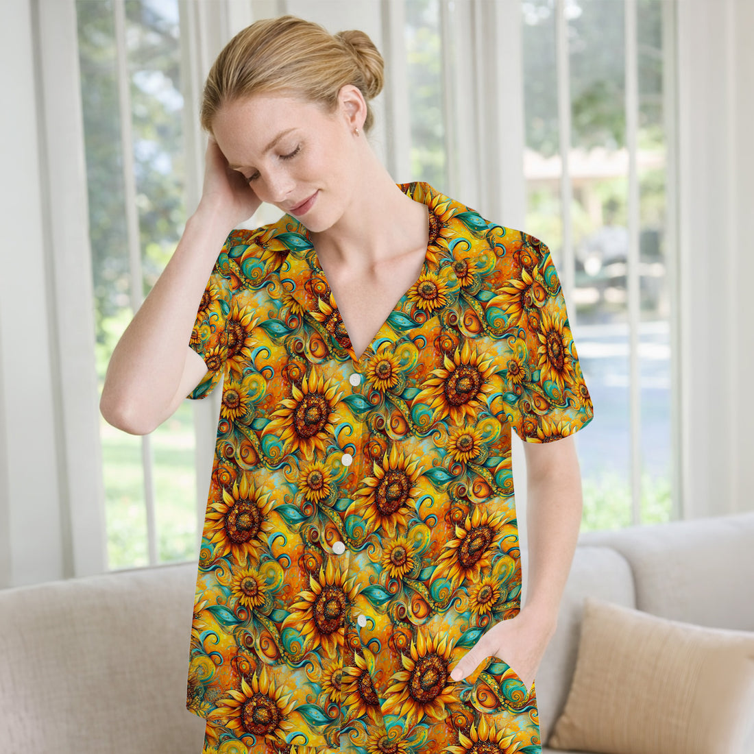 Sunflower Swirl Floral Pattern Pajama Set, Breathable Fabrics Uniform