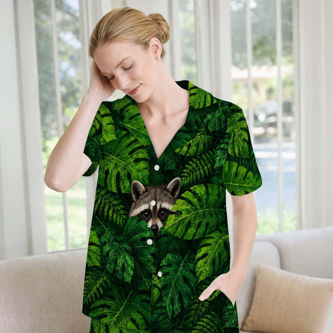 Cute Raccoon Tropical Leaf Pattern Pajama Set, Soft Breathable Fabric Comfortable Sleepwear