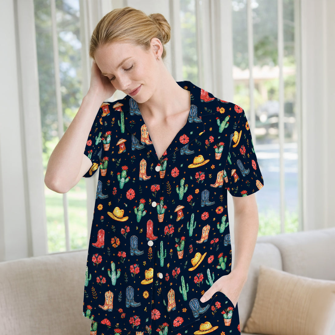Whimsical Western Cactus Boots Pattern Pajama Set, Soft Breathable Fabric Comfortable Sleepwear