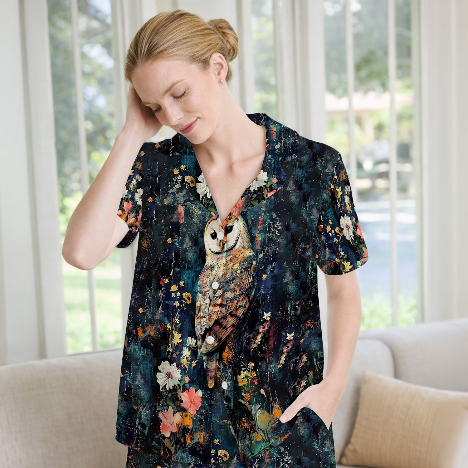 Moonlit Barn Owl Floral Pattern Pajama Set, Soft Breathable Fabric Comfortable Sleepwear