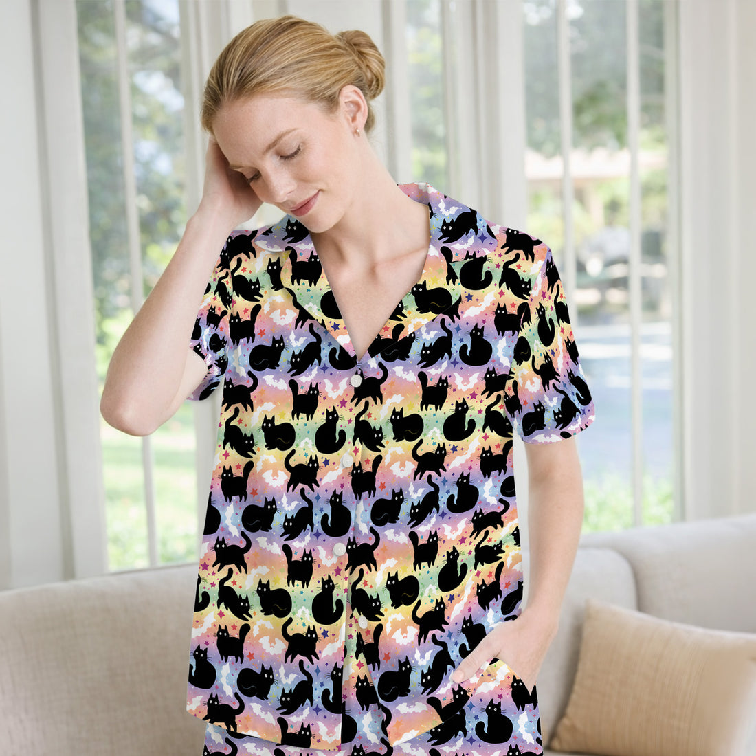 Pastel Star Black Cat Pattern Pajama Set, Soft Breathable Fabric Comfortable Sleepwear