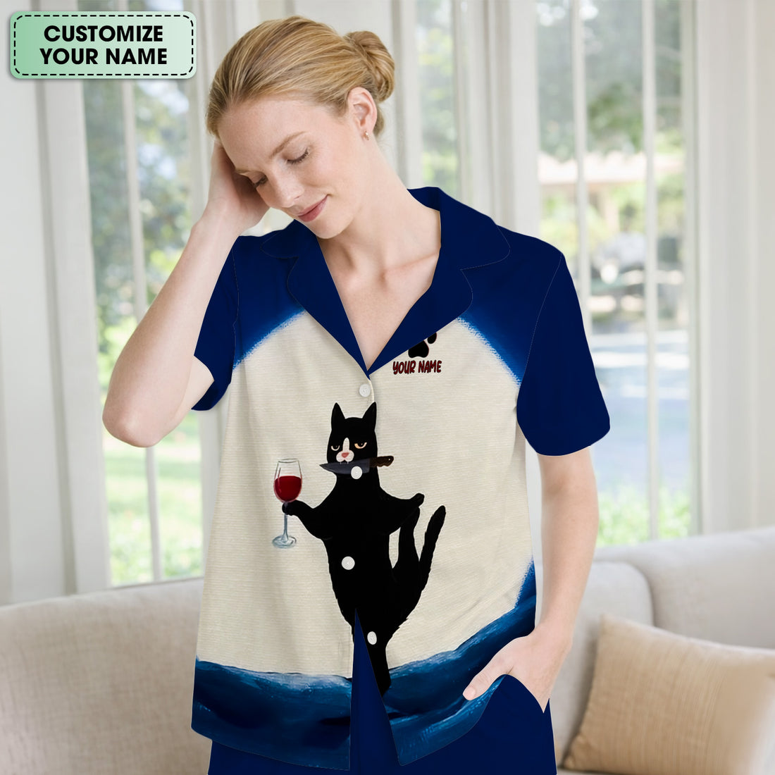 Personalized Funny Cat Holding Wine Glass Knife Pose Pattern Pajama Set, Soft Breathable Fabric Comfortable Sleepwear