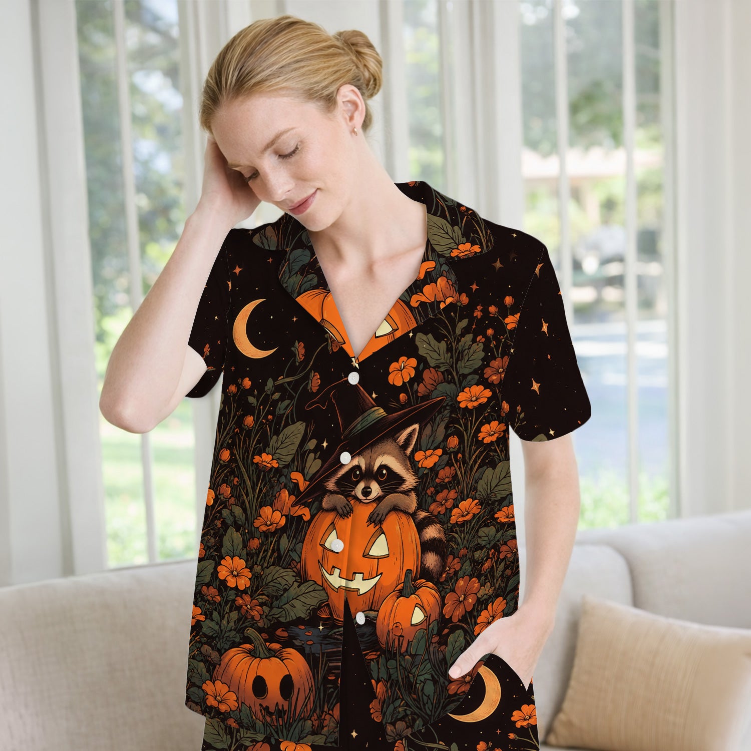 Spooky Halloween Raccoon Print Pajama Set, Soft Breathable Fabric Comfortable Sleepwear