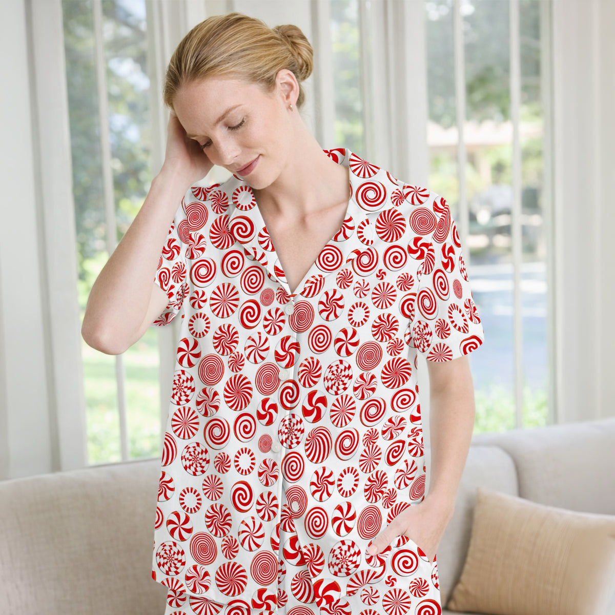 Christmas Peppermint Candy Pattern Pajama Set, Soft Breathable Fabric Comfortable Sleepwear