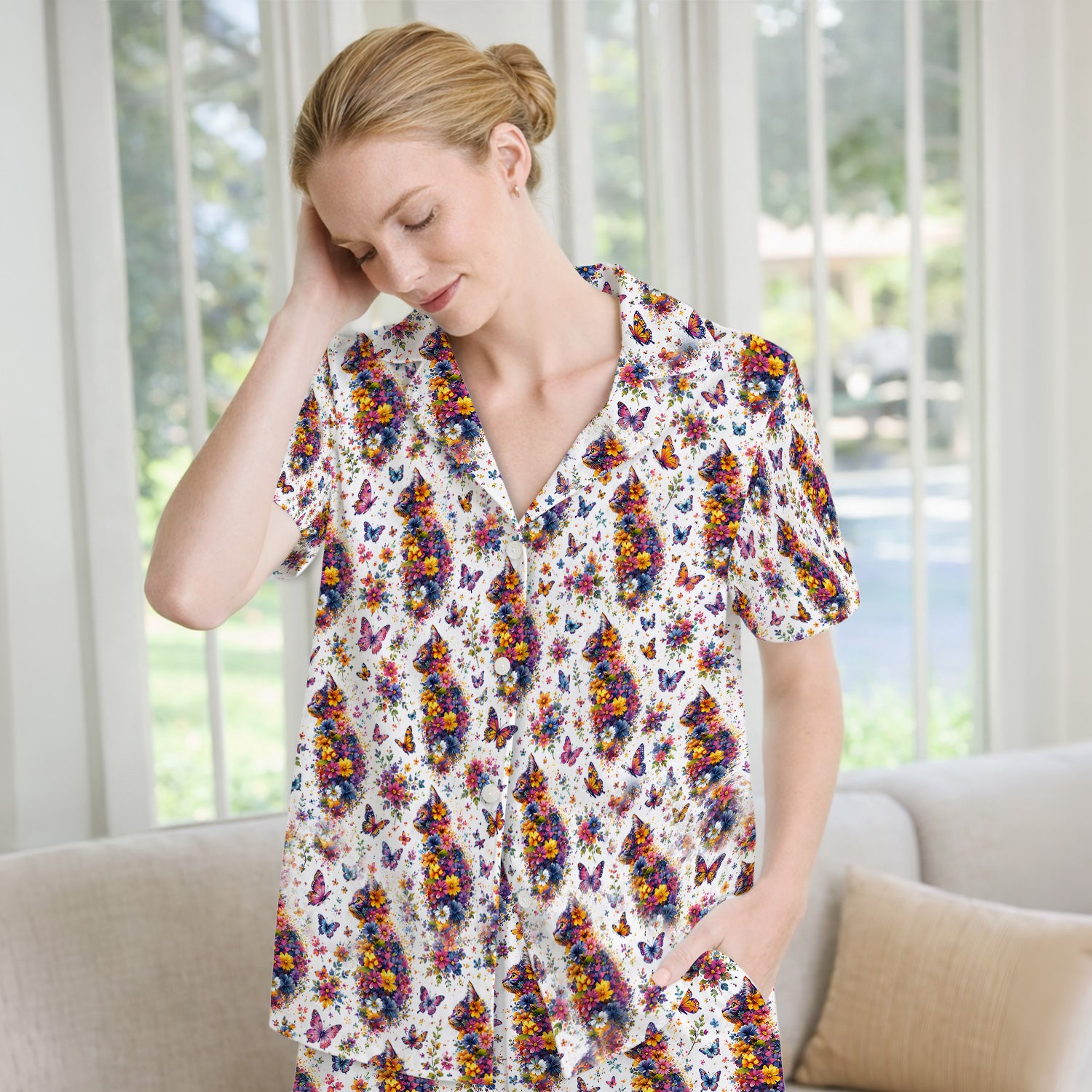 Cute Floral Cat With Butterfly Pattern Pajama Set, Soft Breathable Fabric Comfortable Sleepwear