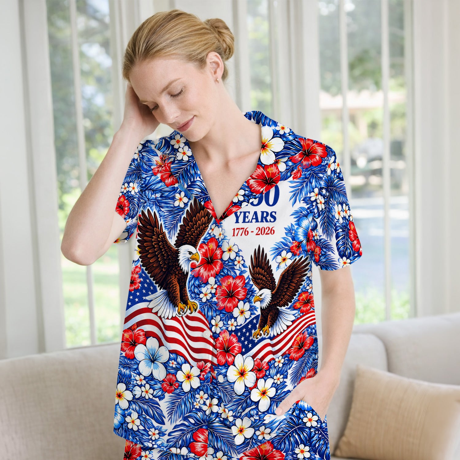 Patriotic Eagle Floral Pattern, America 250 Medical Pajama Set, Soft Breathable Fabric Comfortable Sleepwear