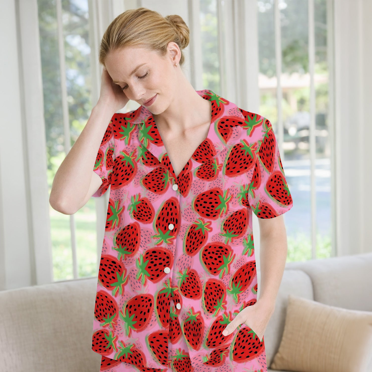 Pink Strawberry Pattern Pajama Set, Breathable Fabrics Uniform