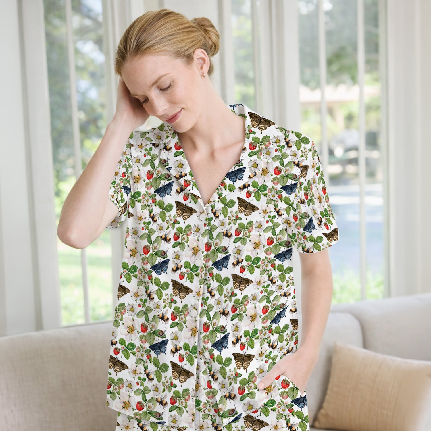 Charming Strawberry Butterfly Garden Pattern Pajama Set, Soft Breathable Fabric Comfortable Sleepwear