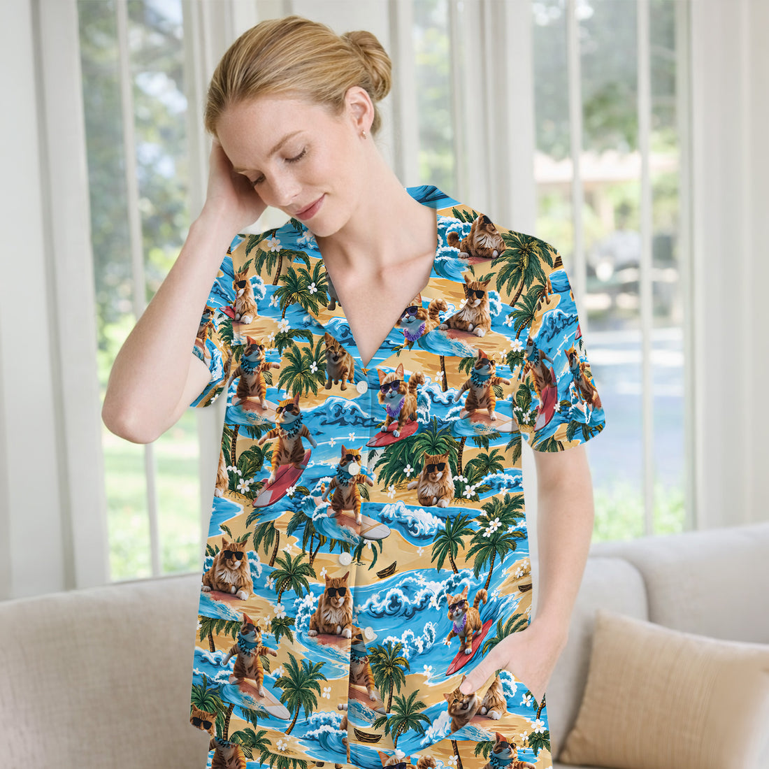 Tropical Surfing Cat with Beach Wave Island Print Pajama Set, Soft Breathable Fabric Comfortable Sleepwear