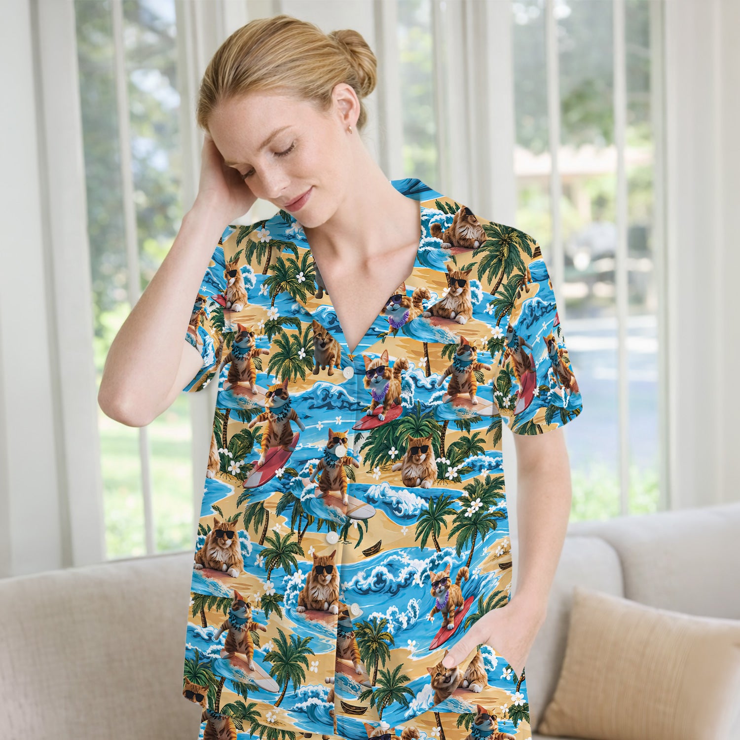 Tropical Surfing Cat with Beach Wave Island Print Pajama Set, Soft Breathable Fabric Comfortable Sleepwear