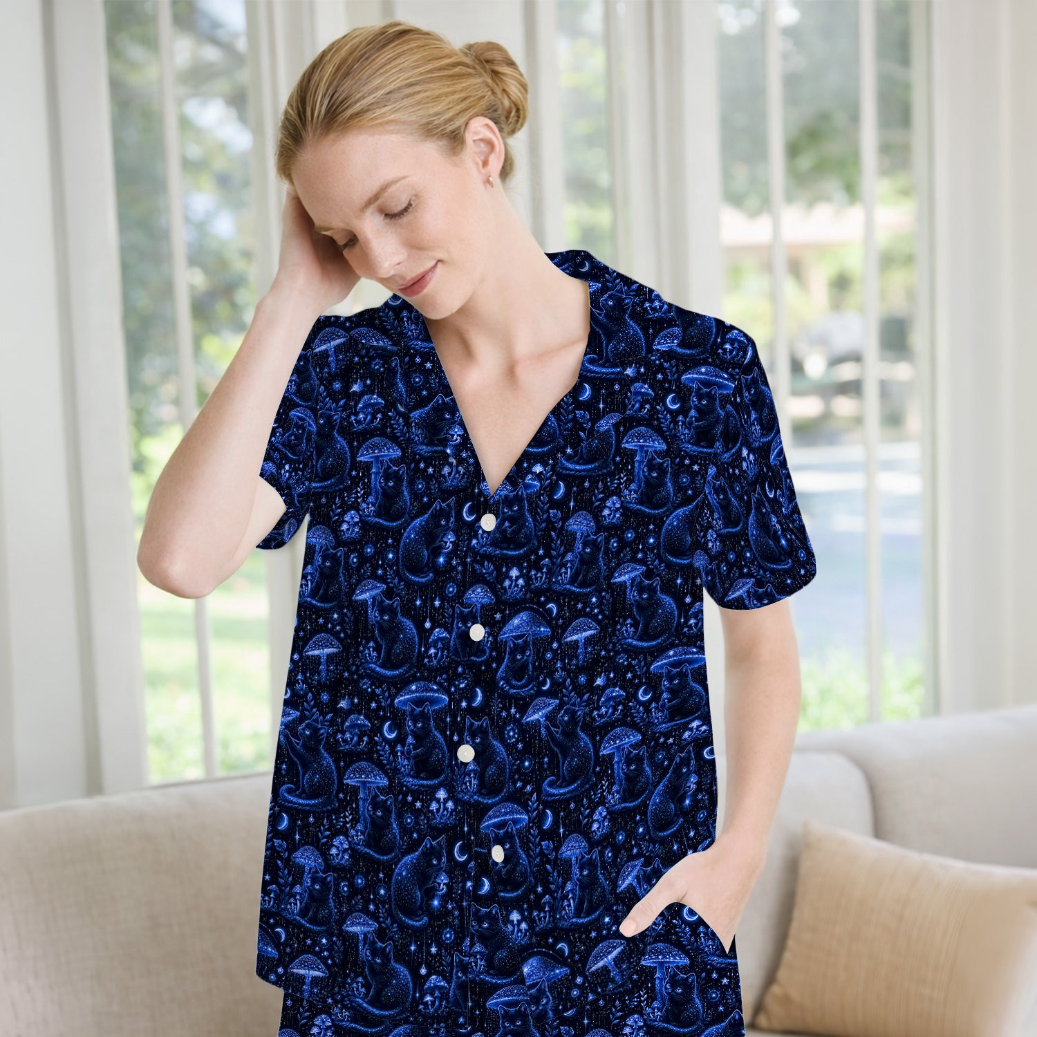 Celestial Black Cat Mushroom Pattern Pajama Set, Soft Breathable Fabric Comfortable Sleepwear