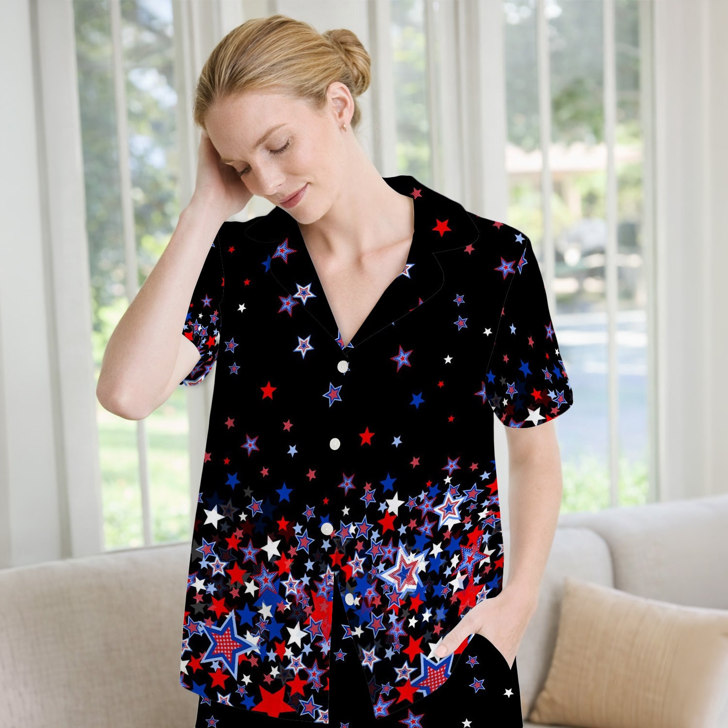 Festive Patriotic Red Blue Star Pattern Pajama Set, Soft Breathable Fabric Comfortable Sleepwear