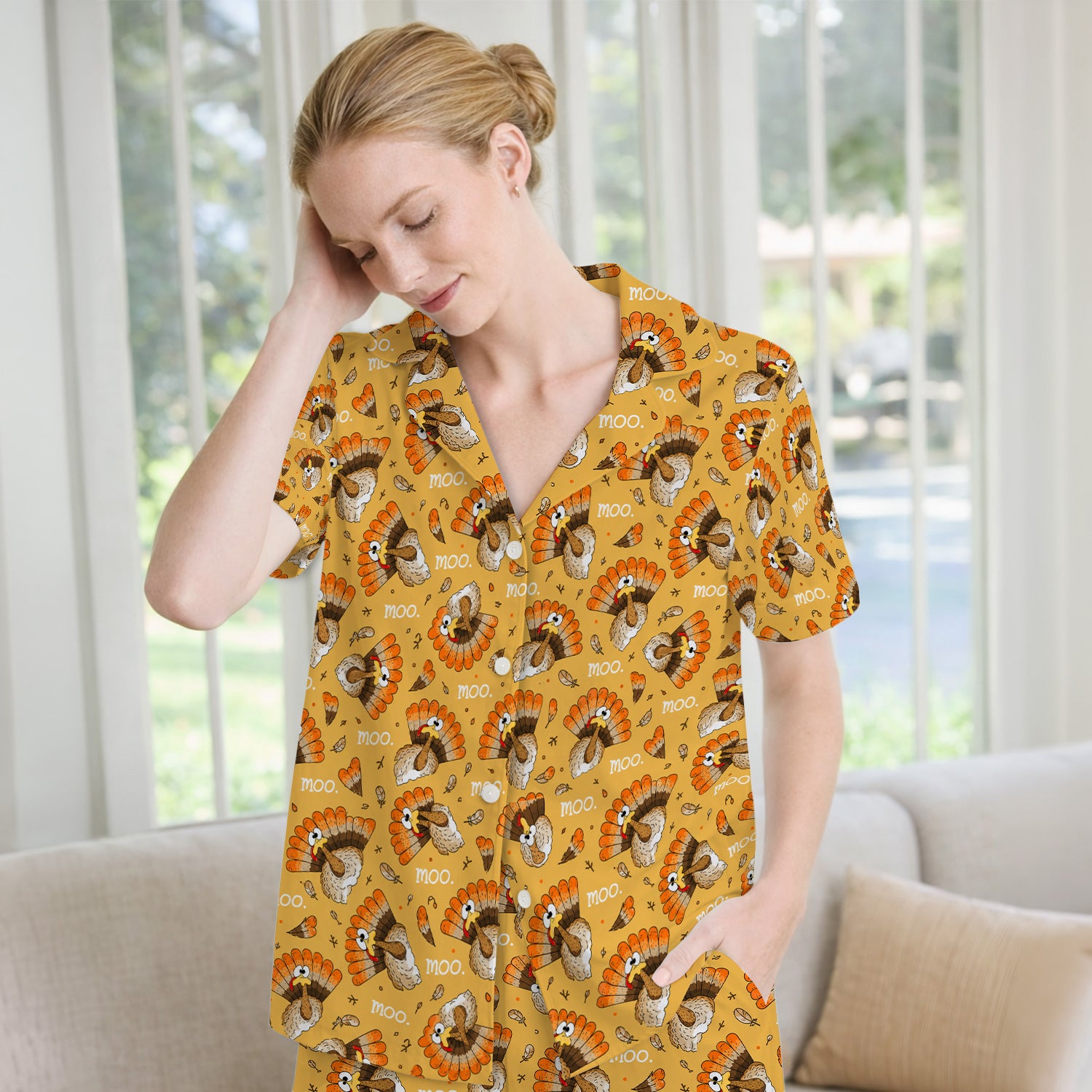 Funny Thanksgiving Moo Turkey Pajama Set, Soft Breathable Fabric Comfortable Sleepwear
