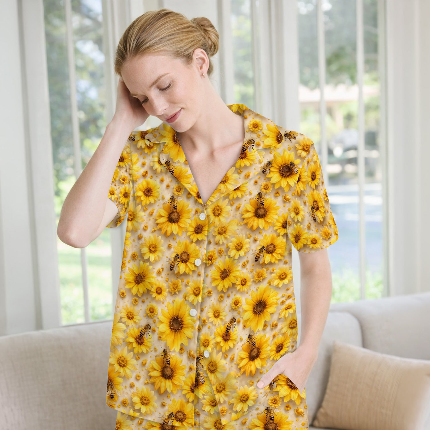 Yellow Sunflower Bee Garden Bloom Pattern Pajama Set, Breathable Fabrics Uniform
