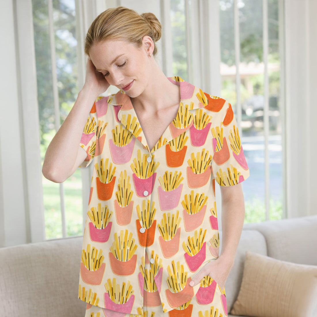Funny French Fries Snack Food Pattern Pajama Set, Breathable Fabrics Uniform