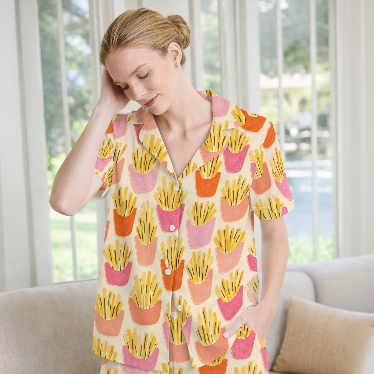 Funny French Fries Snack Food Pattern Pajama Set, Breathable Fabrics Uniform
