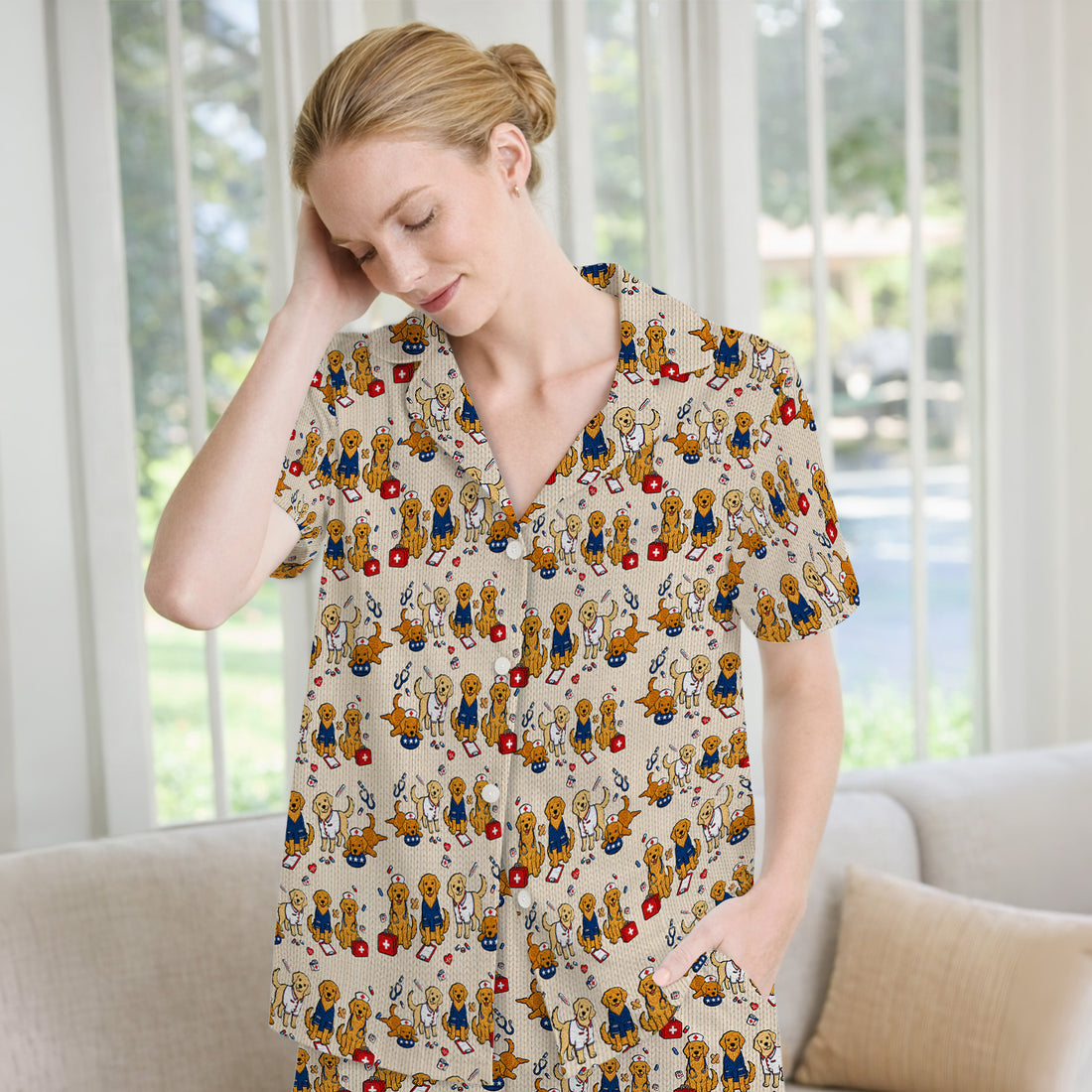 Golden Retriever Nurse Dog Pattern Scrub Top, Breathable Fabrics Nursing Uniform Pajama Set, Soft Breathable Fabric Comfortable Sleepwear