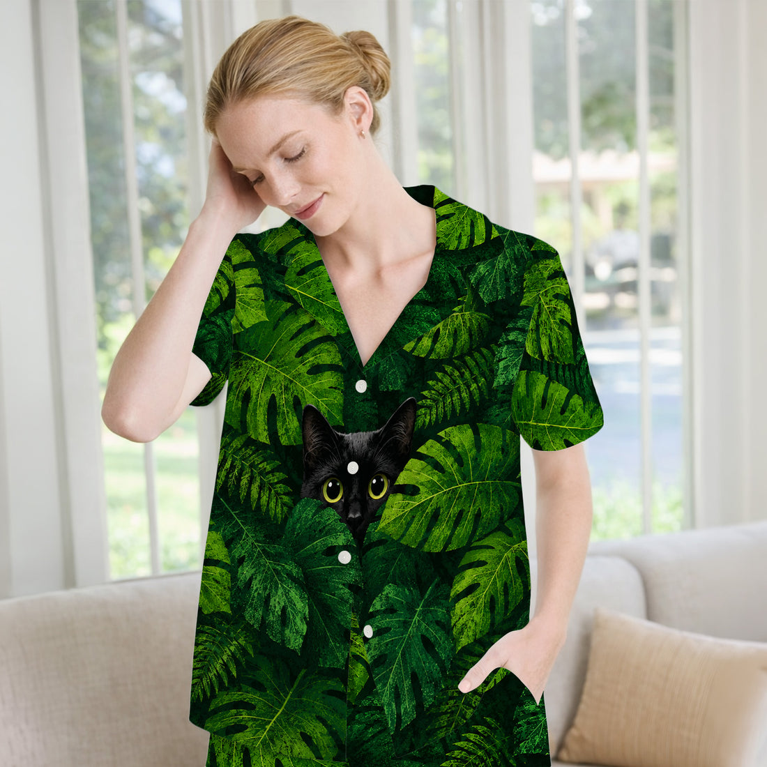 Cute Hidden Black Cat Pattern Pajama Set, Soft Breathable Fabric Comfortable Sleepwear