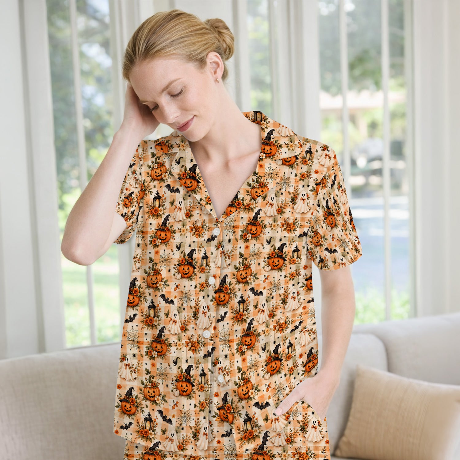 Vintage Halloween Pumpkin And Ghost Pajama Set, Soft Breathable Fabric Comfortable Sleepwear