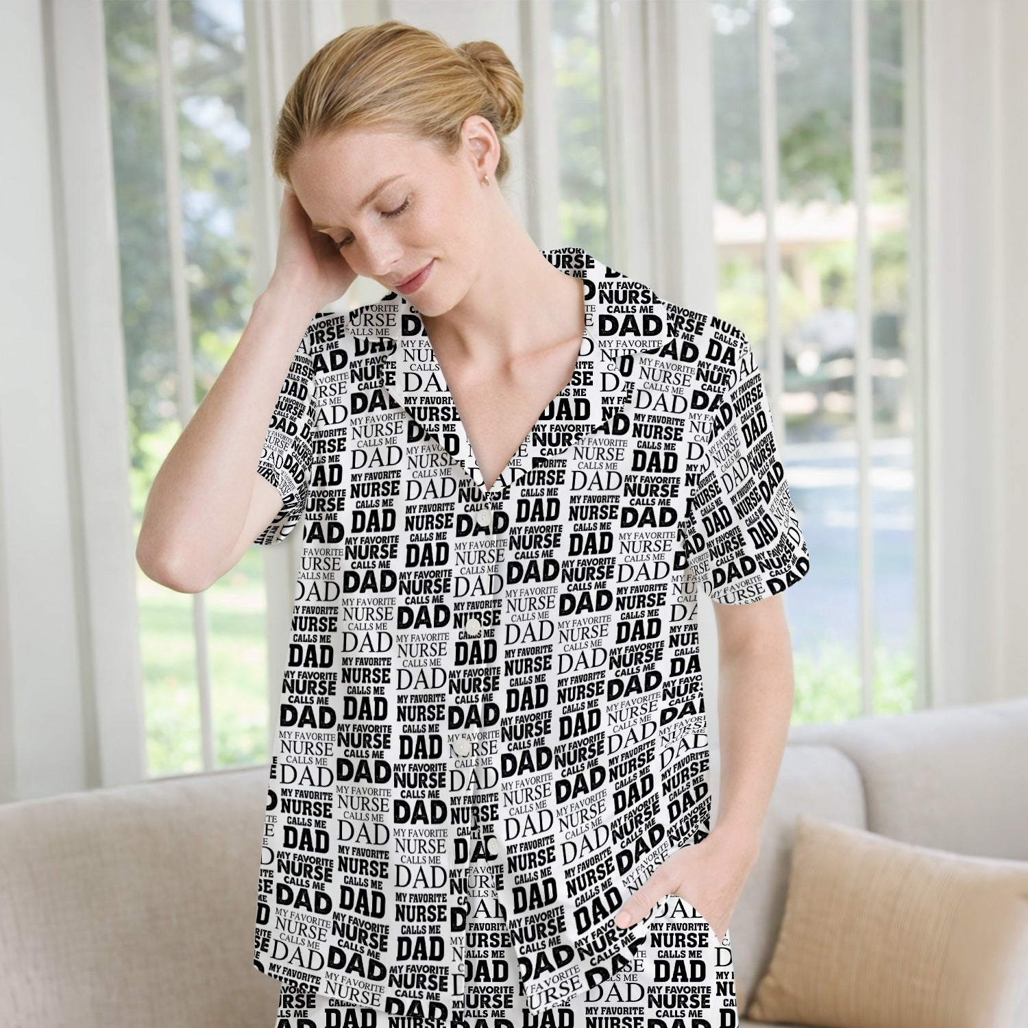 Favorite Nurse Calls Dad Pattern Pajama Set, Soft Breathable Fabric Comfortable Sleepwear