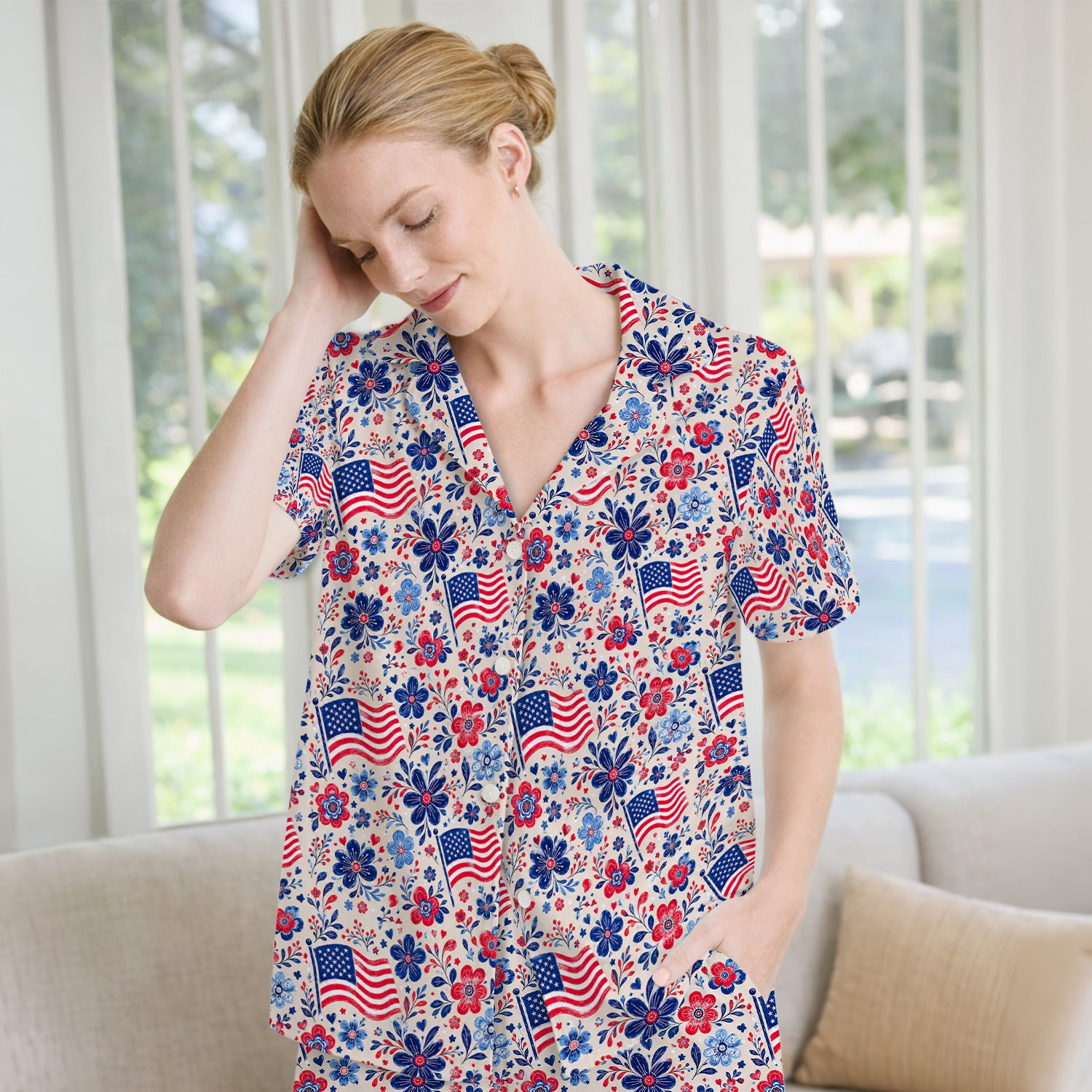 Patriotic Flag Floral Nurse Pattern Pajama Set, Soft Breathable Fabric Comfortable Sleepwear